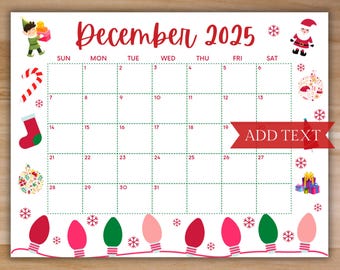 Printable December Calendar 2025, Christmas Calendar, Holiday Calendar, December 2025 Printable Calendar, Family Calendar, Printable Digital