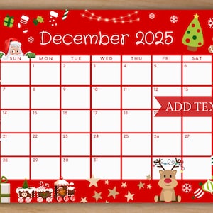 Editable December 2025 Calendar, Holiday Calendar, Red Christmas Calendar w/ Reindeer and Santa, Printable Calendar, Family Calendar, Winter