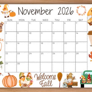 Bearbeitbarer November 2026 Kalender, druckbarer Herbstkalender, 2026 Wandkalender, Willkommen Herbst, Monatlicher Schulkalender, Ferienkalender