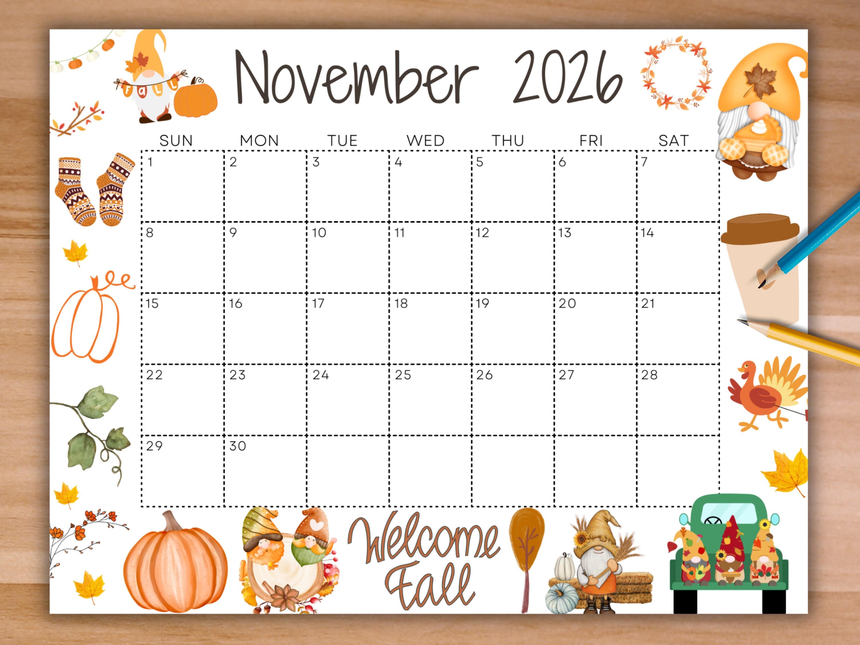 Editable November 2026 Calendar, Printable Fall Calendar ...