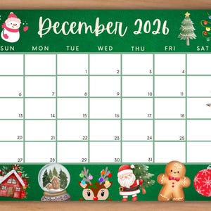 Calendario editable de diciembre de 2026, calendario navideño verde imprimible con muñeco de nieve, calendario festivo, calendario bonito, calendario escolar para niños.