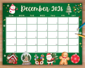 Cute Holiday Design December 2026 Christmas Calendar 2 Editable December 2026 Calendar, Printable Green Christmas Calendar w/ Snowman, Holiday Calendar, Cute Calendar, School Calendar for Kids