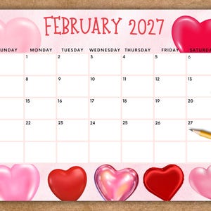Editable February 2027 Calendar, Printable Valentine's Day Calendar w/ Hearts, Kids School Schedule, Cute Heart Monthly Calendar Pink