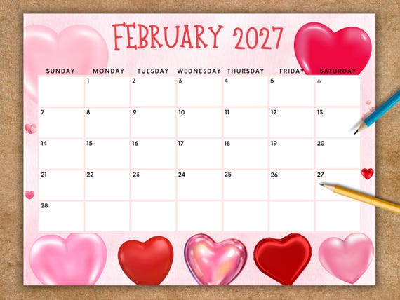 Editable February 2027 Calendar, Printable Valentine's Day Calendar W/  Hearts, Kids School Schedule, Cute Heart Monthly Calendar Pink - Etsy  Denmark