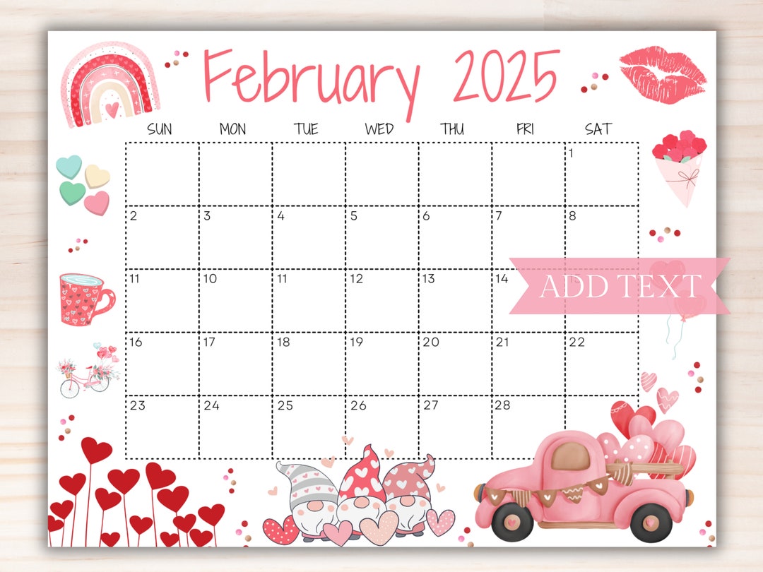 Editable February Calendar 2025, Printable Wall Calendar 2025, Cute ...
