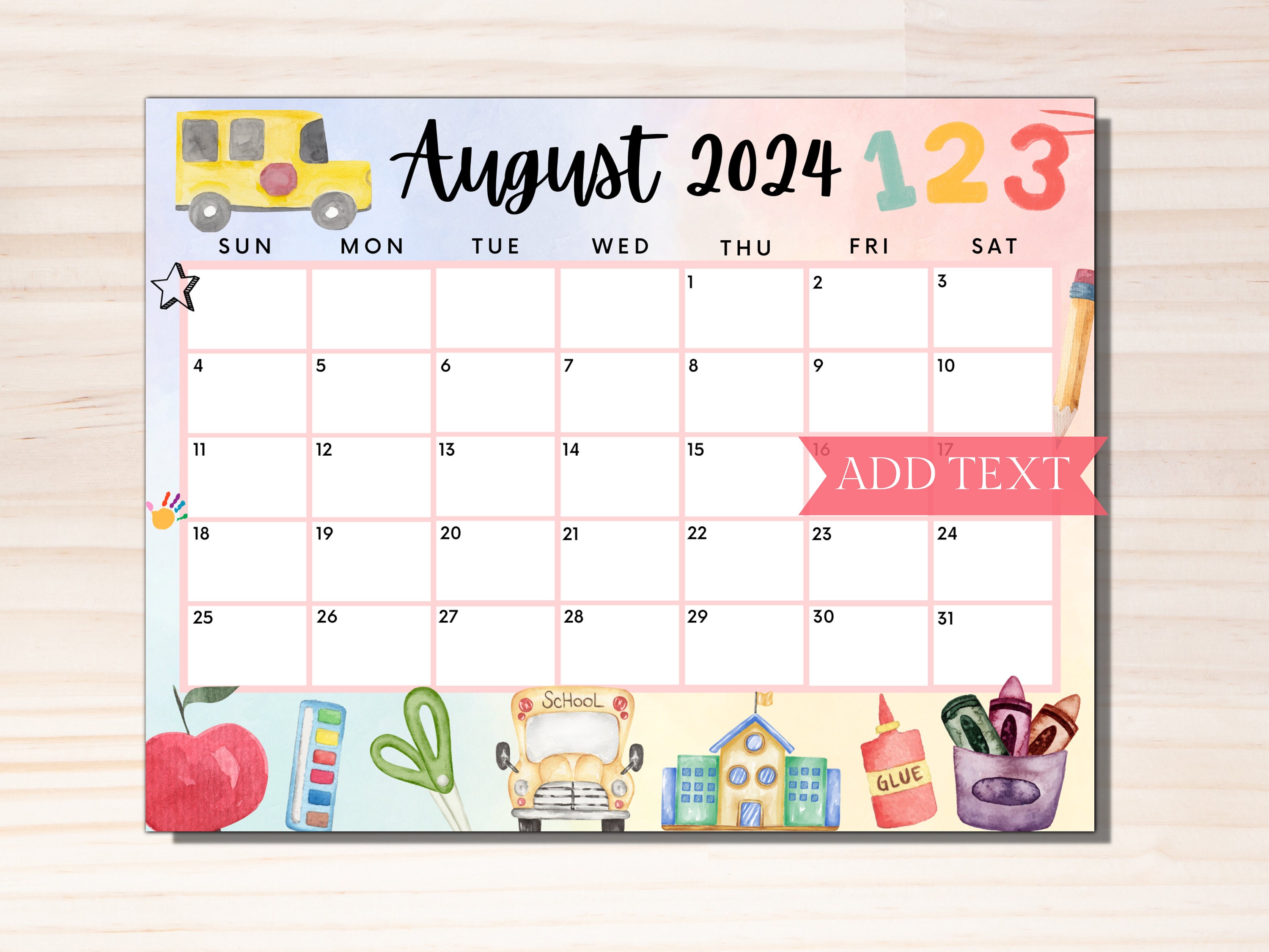 Printable August 2024 Calendar, Editable Calendar 2024, Back to School