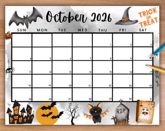 Calendario editable de octubre de 2026, calendario imprimible de Halloween espeluznante con casa embrujada y murciélago aterrador, calendario de Halloween aterrador para el aula.