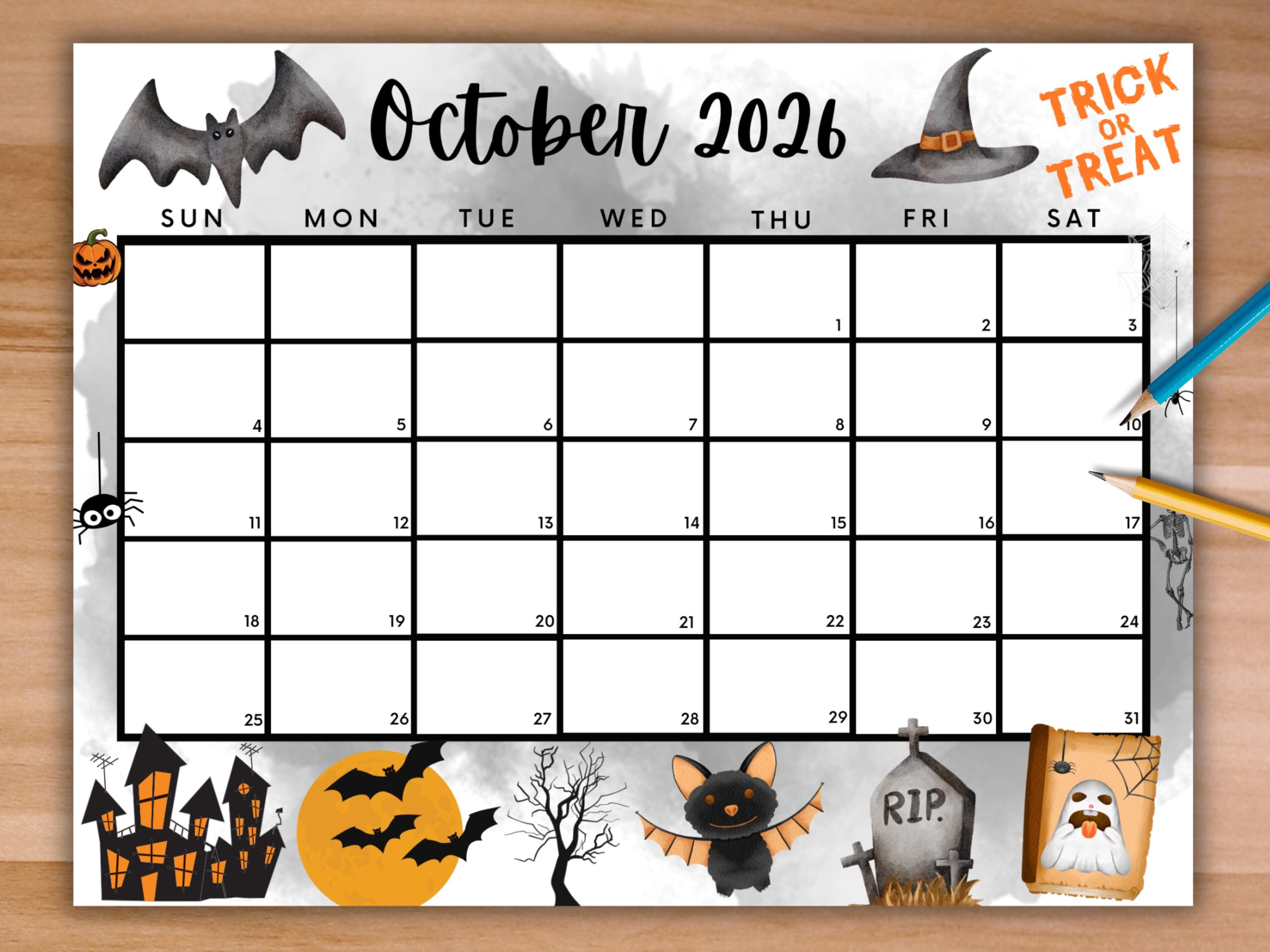 Editable October 2026 Calendar, Printable Spooky Halloween Calendar W ...