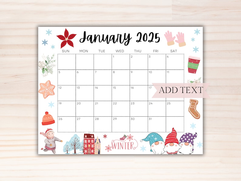 Editable January Calendar 2025, Printable Wall Calendar 2025, Cute Calendar for January, School