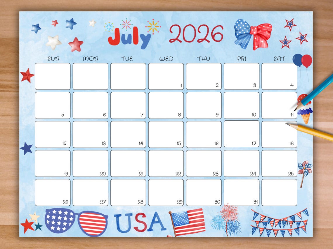 EDITABLE July 2026 Calendar, Printable 4th of July Calendar, Summer