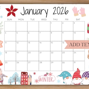 Bearbeitbarer Kalender für Januar 2026: Hallo Winter-Planer (Digitaler Download)