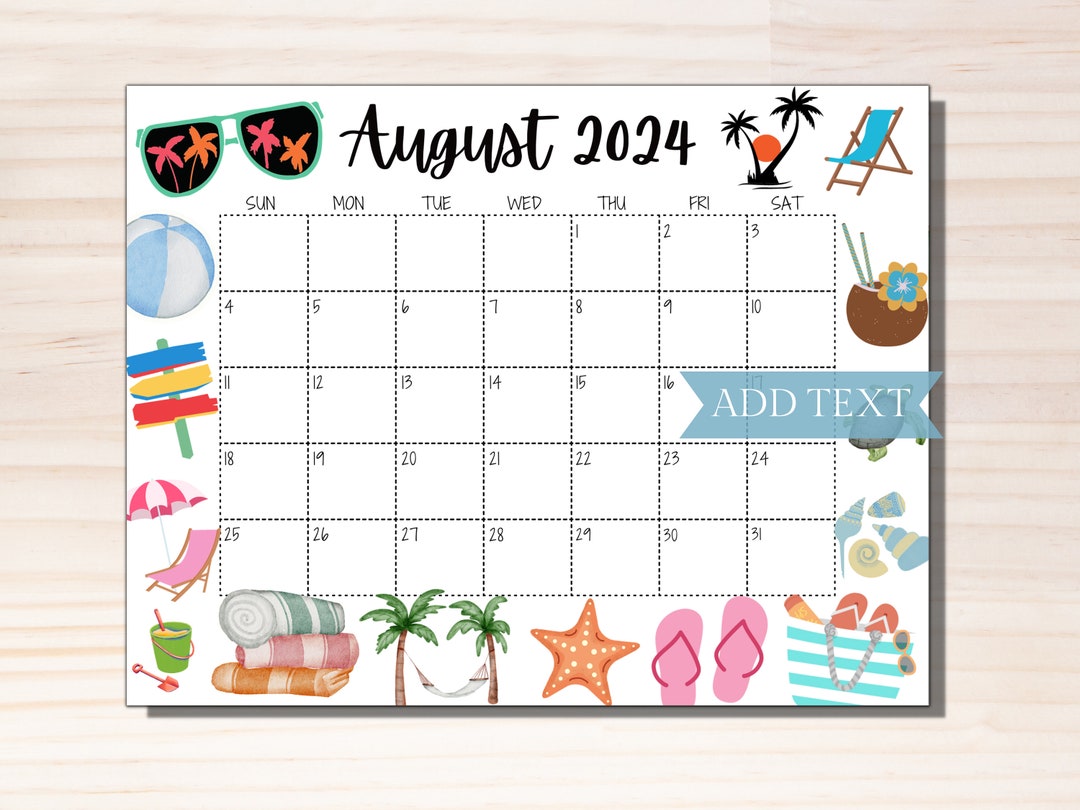 EDITABLE August 2024 Calendar, Printable Calendar 2024, Summer Calendar