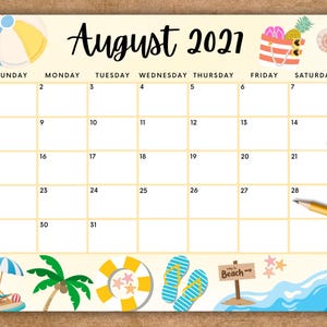 Printable August 2027 Calendar, Editable Calendar, Summer Calendar at the Beach w/ Beach ball, Kids Calendar, Yellow Monthly Calendar Swim