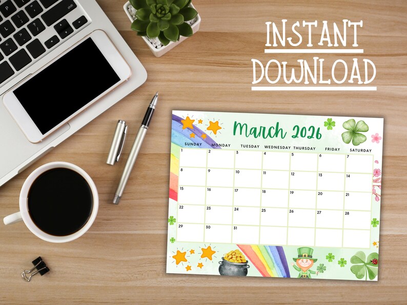 EDITABLE March 2026 Calendar, Printable Rainbow Calendar W/ Happy St ...