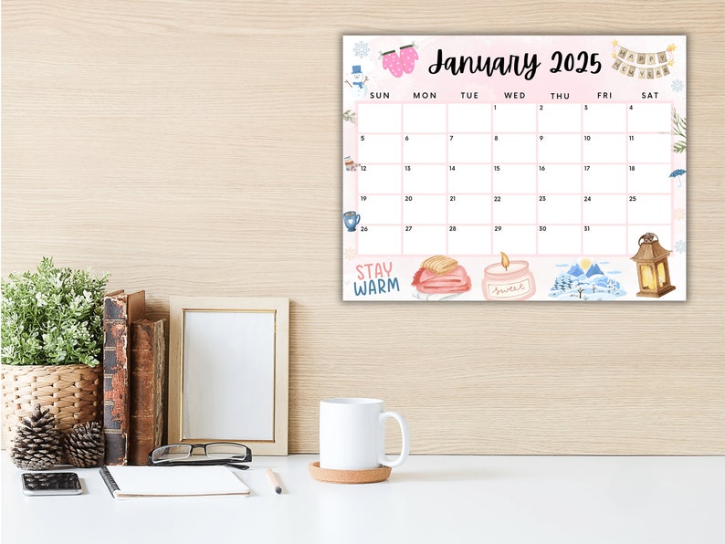 Editable January Calendar 2025, Printable Calendar 2025, Cute Pink