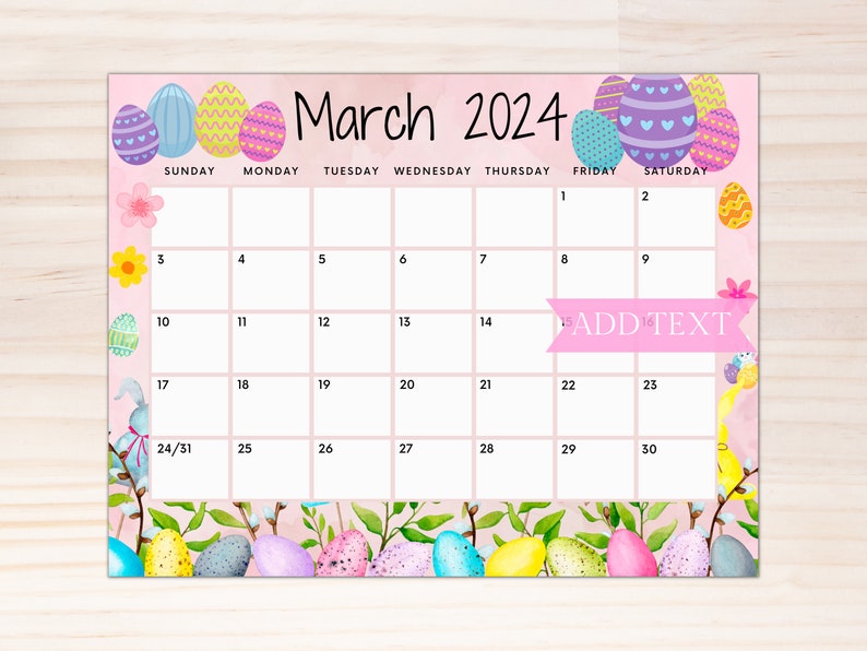 EDITABLE March 2024 Calendar, Printable Pink Easter Calendar, Cute