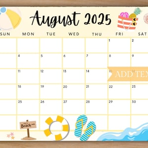 Printable August 2025 Calendar, Editable Calendar 2025, Summer Calendar at the Beach w/ Beach ball, Kids Calendar, Yellow Monthly Calendar