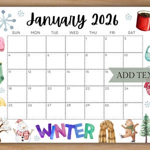 Bearbeitbarer Januar 2026 Kalender, druckbarer Winterkalender, Winterschulkalender, Monatlicher Januarkalender, Niedlicher Januar 2026 Planer