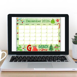 Editable December 2026 Calendar, Printable Calendar w/ Christmas Lights and Christmas Tree, Green Christmas Calendar, Family Calendar