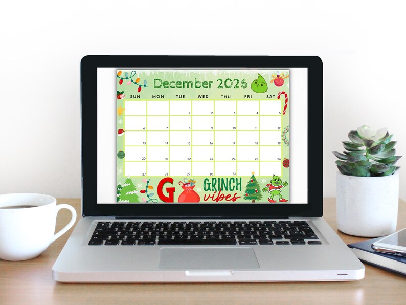 Editable December 2026 Calendar, Printable Calendar w/ Christmas Lights and Christmas Tree, Green Christmas Calendar, Family Calendar