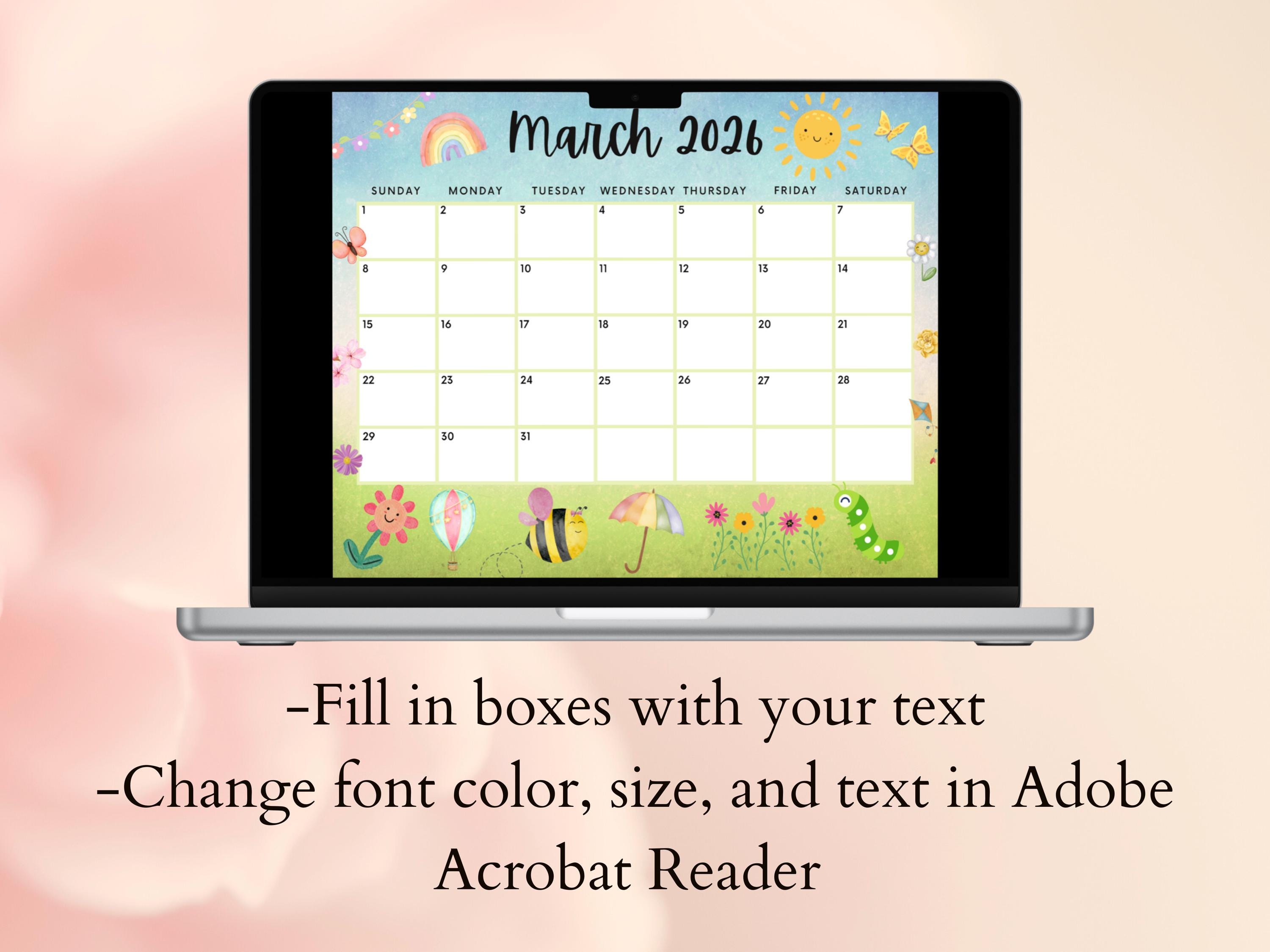 EDITABLE March 2026 Calendar, Printable Hello Spring Calendar ...