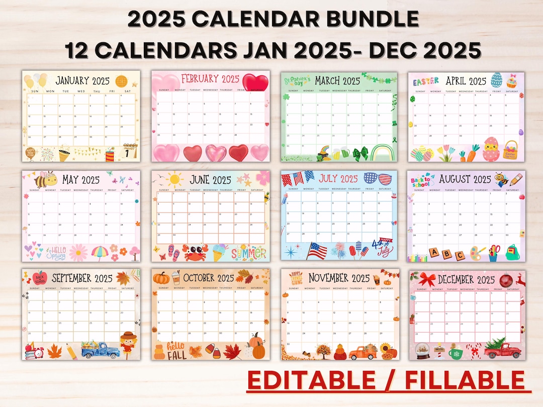 Editable 2025 Calendar Bundle- Printable Calendar- Kids School Schedule ...