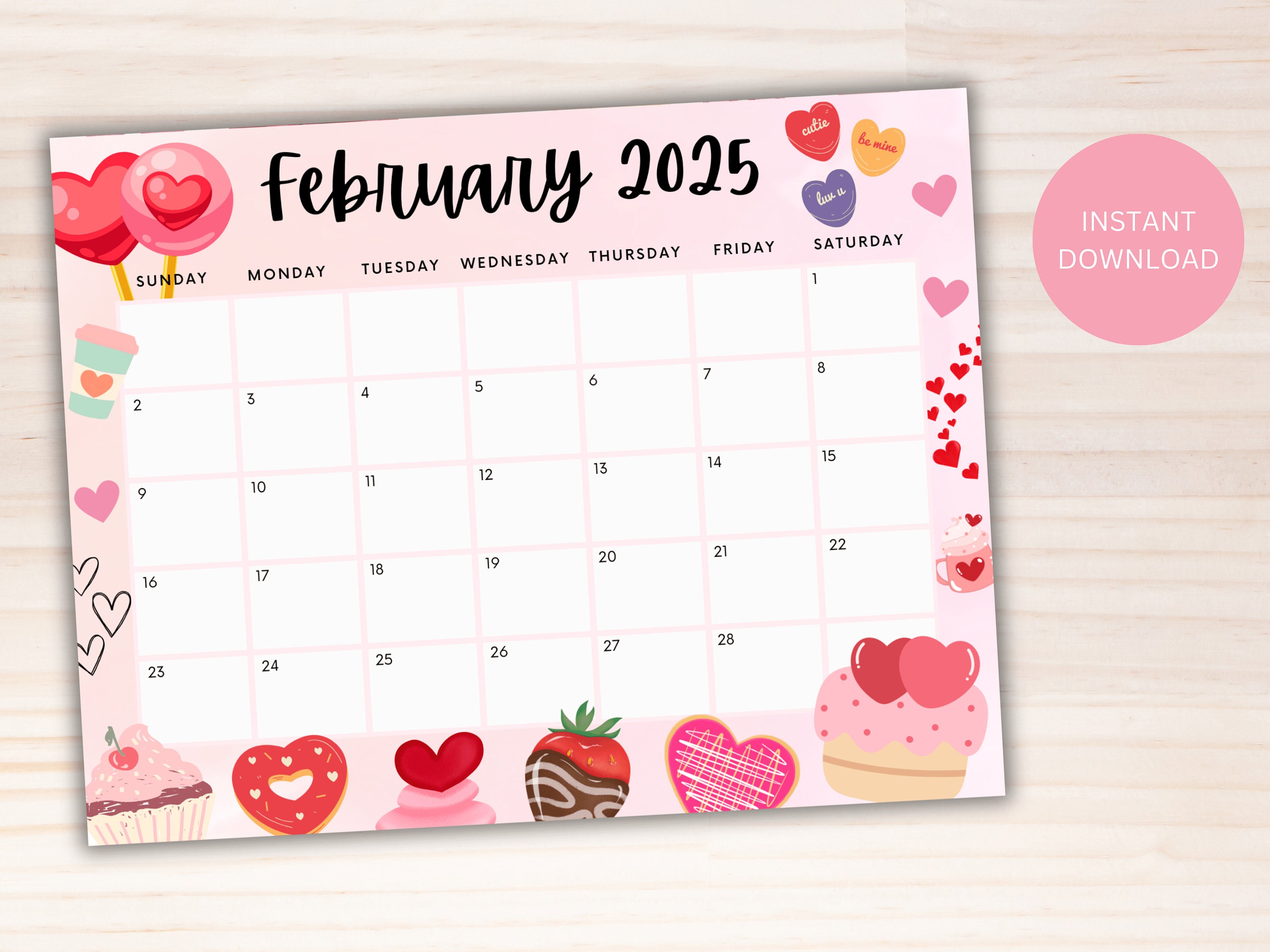 Editable February 2025 Calendar, Cute Printable Calendar for Valentine