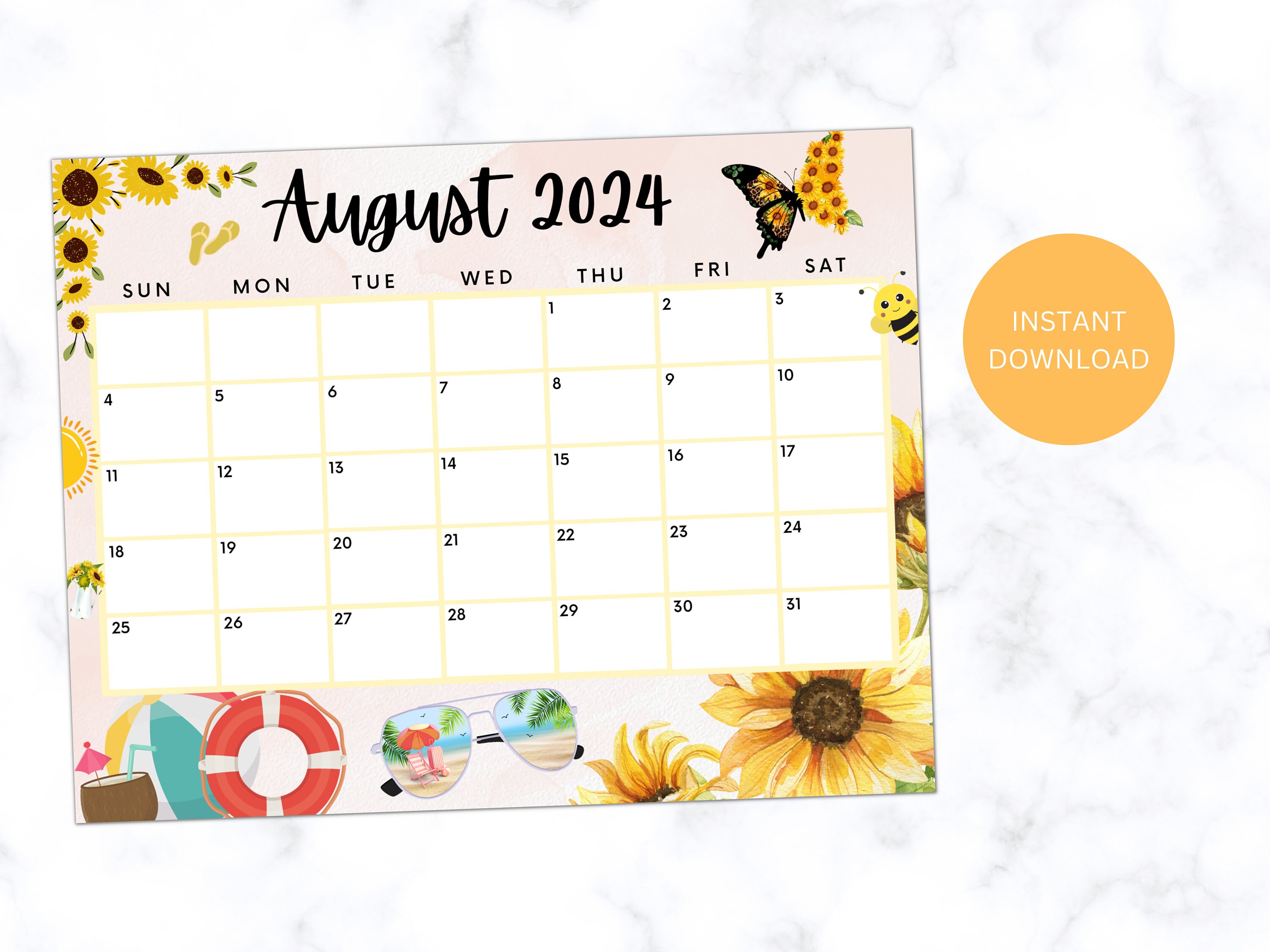 Editable august 2024 calendar, printable calendar 2024, beautiful sunflower  calendar, monthly classroom calendar, summer calendar - etsy