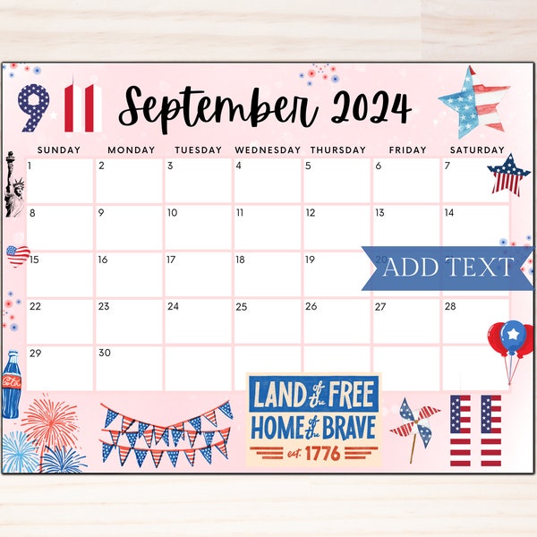 Editable September 2024 Calendar, Printable Fillable Calendar, Patriotic Calendar w/ American Flag, 9/11,Classroom Calendar, School Calendar