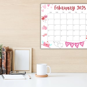 Editable February Calendar 2025, Printable Wall Calendar 2025, Cute