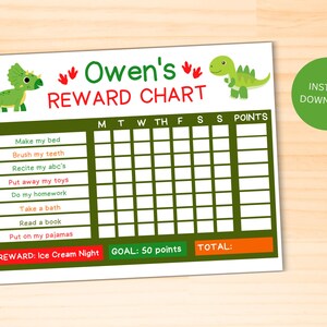 EDITABLE Boys Dinosaur Chore Chart, Boys Reward Chart W/ Green Dinos ...