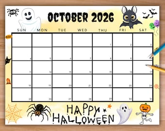 Peut inclure: Une page de calendrier rectangulaire pour octobre 2026 avec une grille blanche à bordures noires. L'en-tête indique OCTOBER 2026. Les illustrations incluent un fantôme, une chauve-souris, des araignées, une toile, un squelette et HAPPY HALLOWEEN.