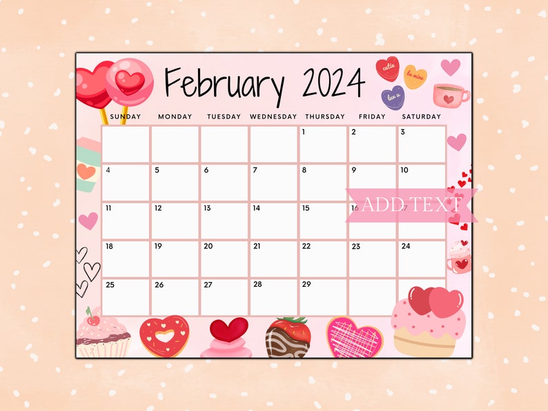 Editable February Calendar 2024 Printable Calendar 2024 Cute Etsy