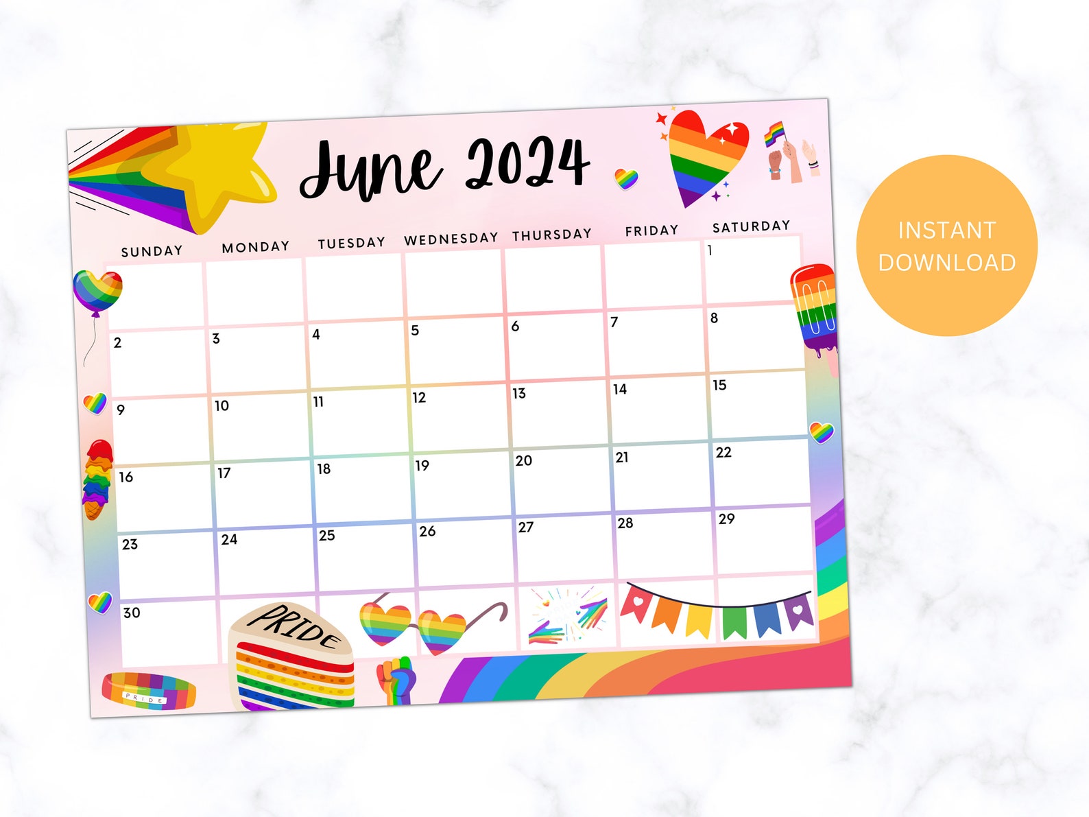 Printable June 2024 Calendar, Editable Kids Calendar, Cute Rainbow