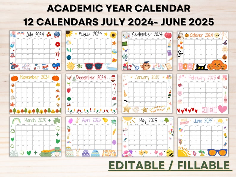 Editable School Calendar 20242025 From July to June Printable School