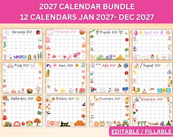 Editable 2027 Calendar Bundle, Printable Holiday Calendars for Year, Monthly Planners, Fillable Calendar, Homeschool Calendar Kids Schedule