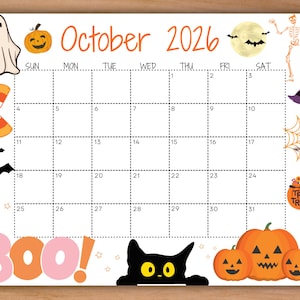Könnte beinhalten: Eine Monatskalenderseite für Oktober 2026 mit einem weißen Raster und schwarzen gestrichelten Linien. Das Design enthält Illustrationen eines Geistes, Kürbissen, Zuckermais, Fledermäusen, einem Vollmond, einem Skelett, einem Hexenhut und einer schwarzen Katze.