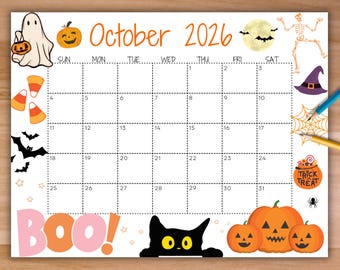 Peut inclure: Une page de calendrier mensuel pour octobre 2026 avec une grille blanche et des lignes pointillées noires. Le design comprend des illustrations d'un fantôme, de citrouilles, de bonbons, de chauves-souris, d'une pleine lune et d'un chat noir.