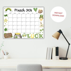 EDITABLE March 2026 Calendar, Printable Calendar W/ St Patricks Day Pot ...
