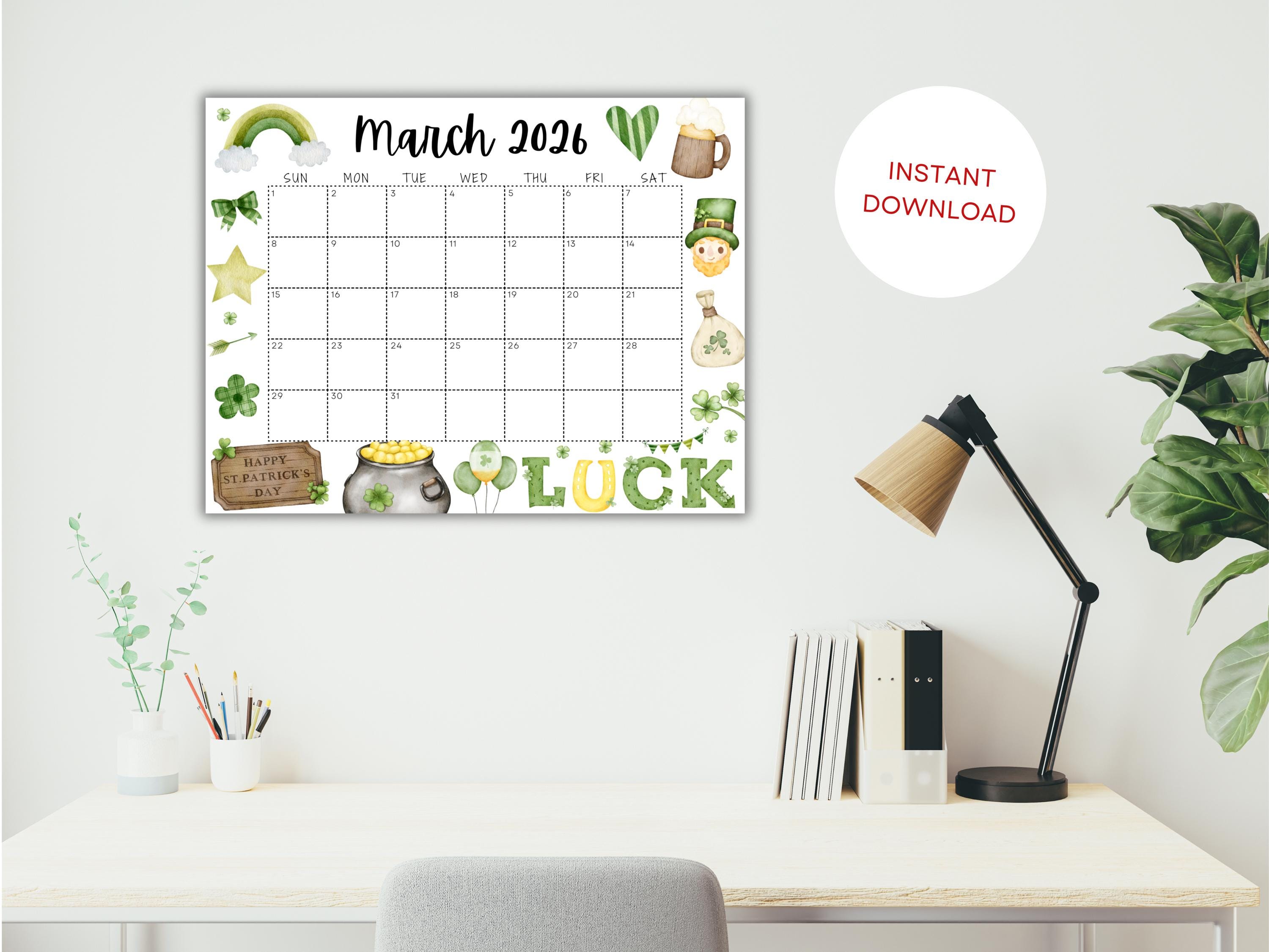 EDITABLE March 2026 Calendar, Printable Calendar W/ St Patricks Day Pot ...