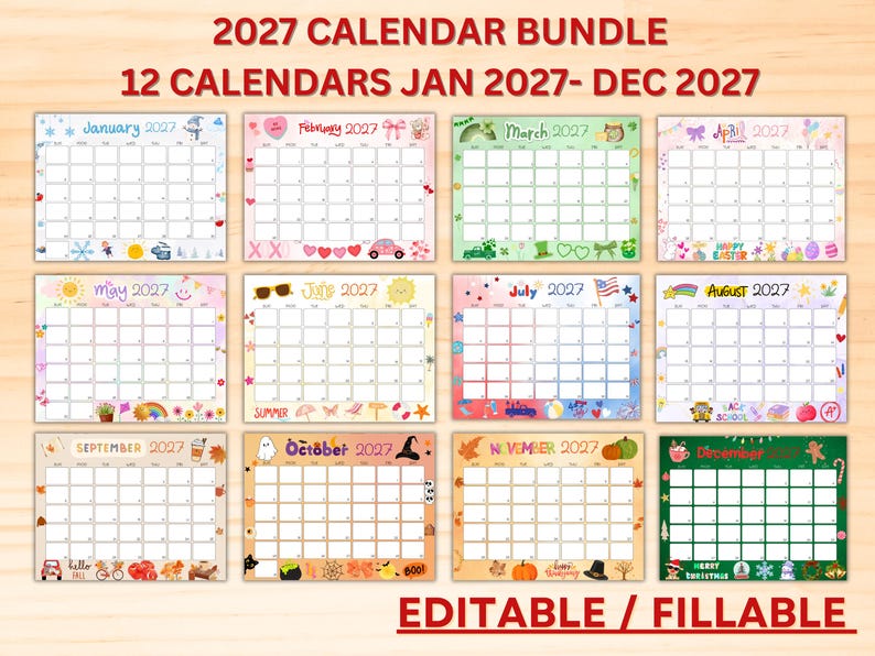 Editable 2027 Calendar Bundle- Printable January Calendar 2027- Holiday