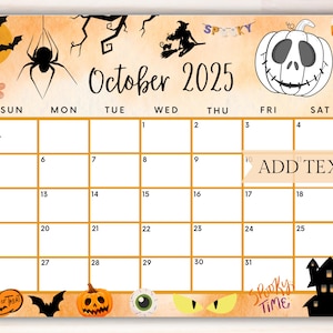Editable October 2025 Calendar, Printable Spooky Halloween Calendar w/ Scary Pumpkins and Spiders, Cute School Calendar Halloween Planner