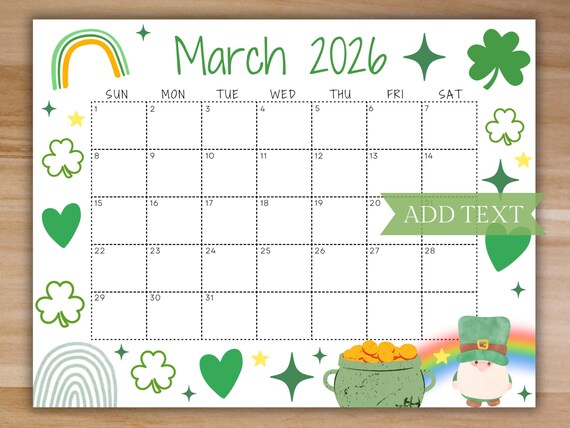 Editable March Calendar 2026, Cute Printable Green Calendar w/ St Patricks Day Design, School Calendar, Classroom Calendar for Learning