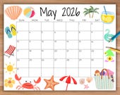 Printable May 2026 Calendar, Editable Calendar, Monthly Calendar, Family Calendar, fillable calendar, Summer Planner w/ Cool Beach Design