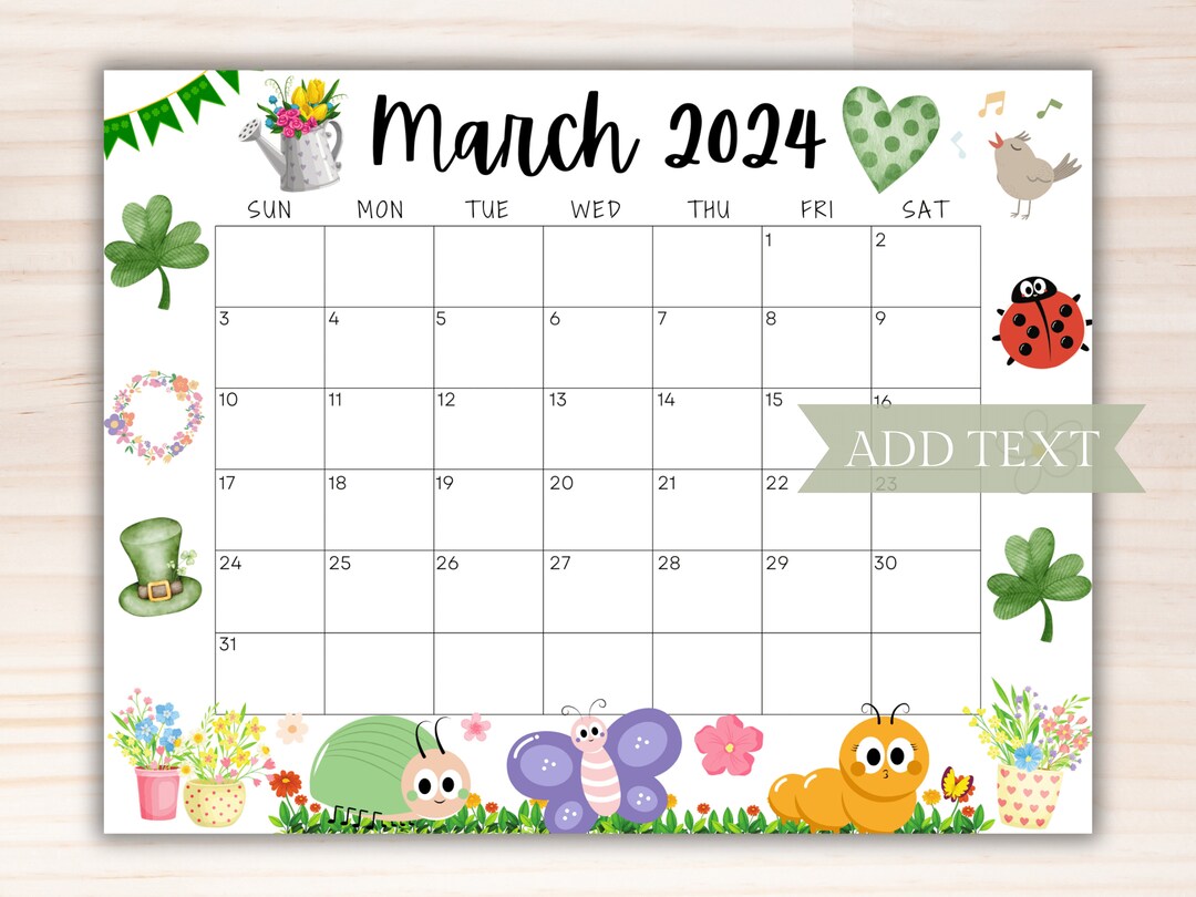 EDITABLE March 2024 Calendar, Printable Wall Calendar 2024, Colorful