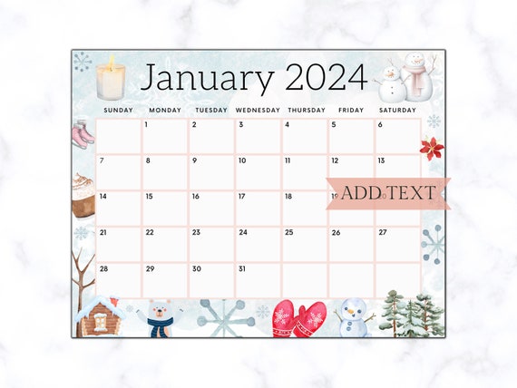 Editable January Calendar 2024, Printable Wall Calendar 2024, Cute Calendar  for January, School Calendar, Classroom Calendar, 2024 Calendar 