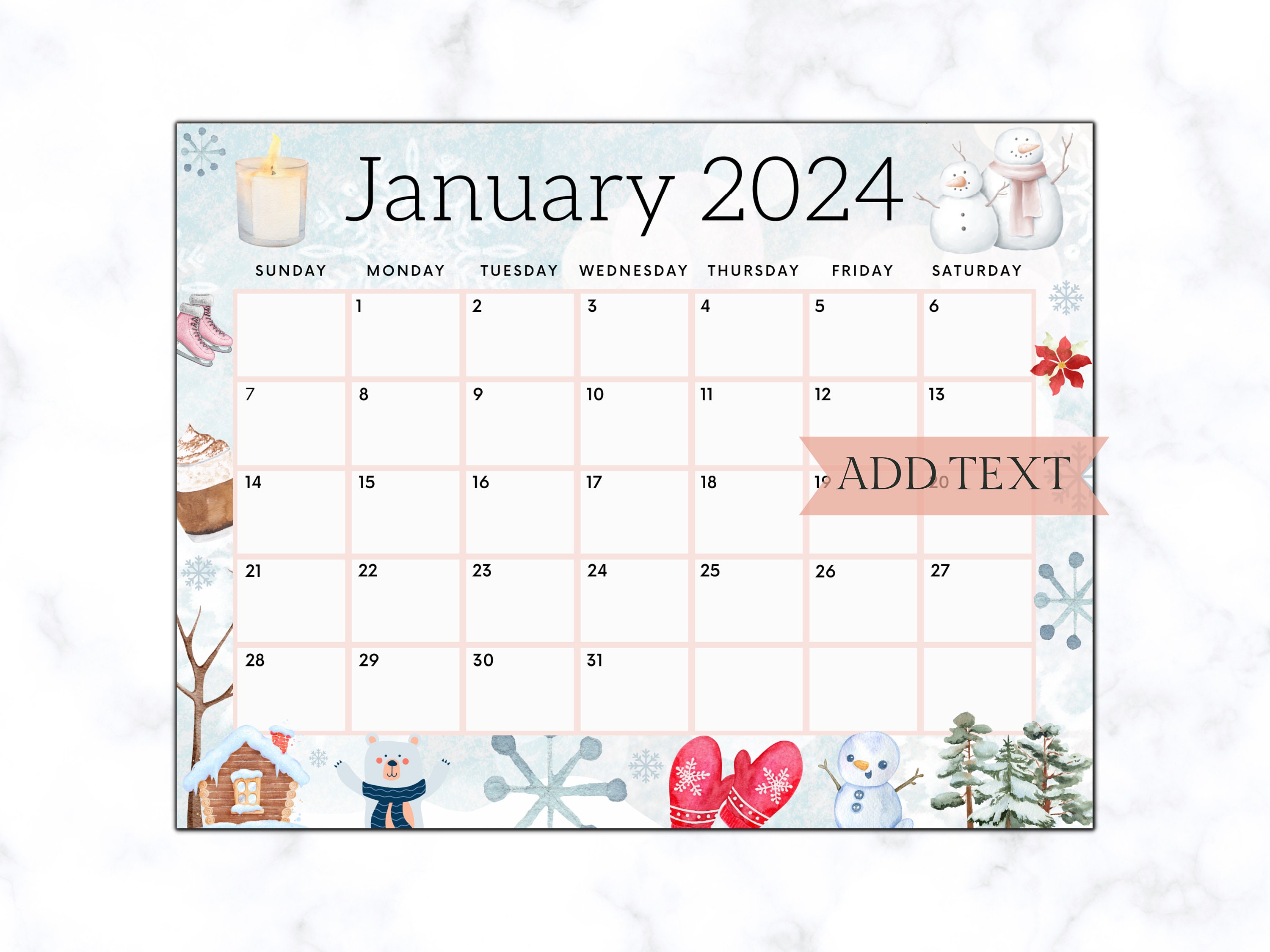 Editable January Calendar 2024 Printable Wall Calendar 2024 Etsy