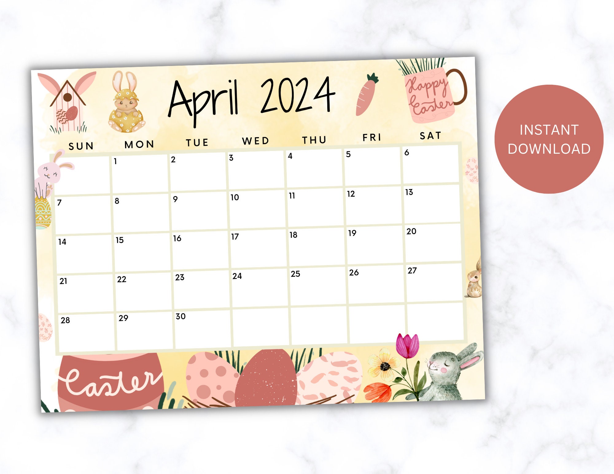 EDITABLE April 2024 Calendar, Printable Wall Calendar 2024, Yellow