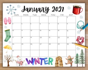 May include: A January 2021 calendar page featuring watercolour illustrations of winter items including a red mug, blue earmuffs, pink mittens, green socks, a yellow umbrella, a snowman, a plaid scarf, a bear on skates, and pine trees.