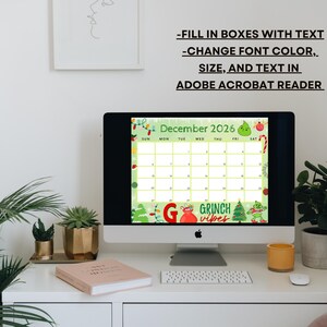 Editable December 2026 Calendar, Printable Calendar w/ Christmas Lights and Christmas Tree, Green Christmas Calendar, Family Calendar